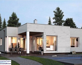 V-533| Modern one story house custom 3 bedroom with 3 bathrooms blueprints luxury bungalow floor lans flat roof tiny home design