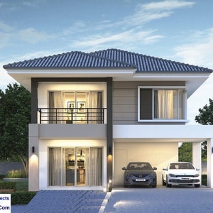 V-380BDe maan|  37 x 49 Huisplattegronden met twee verdiepingen 4 5 slaapkamers + 3 badkamers, garage voor 2 auto's, plattegrond Tiny House, plattegrond modern huis, plattegrond boerderij