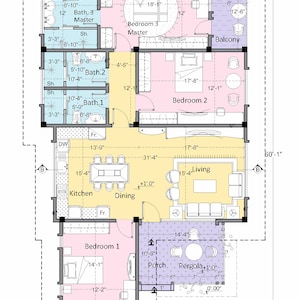 V-473 Modern tiny house plan, 3 Bedroom with 3 bathroom, Bungalow blueprints home floor plan, One story small tiny cabin farm Slope roof image 4