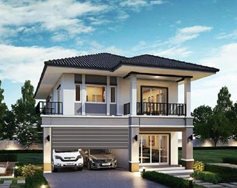 V-387| Modern Duplex House Plan: 3 Bed, 3 Family, 2 Car Garage, open kitchen tiny house
