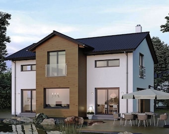 May include: A modern two-story house with a white exterior and a wooden accent wall. The house has a black roof, large windows, and a patio with a table and chairs. There is a small pond in front of the house.
