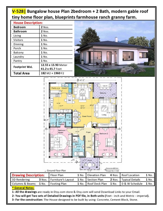 V 528 Bungalow House Plan 2bedroom 2 Bath Modern Gable Etsy