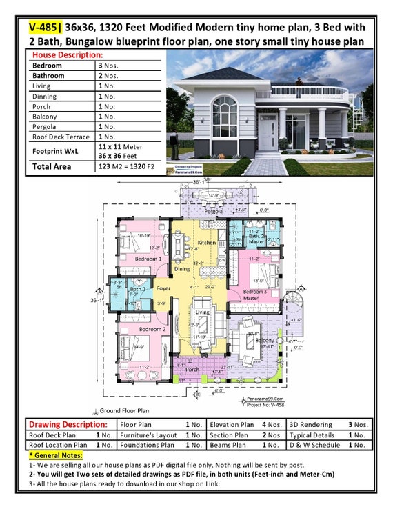 V-485| 36x36 Modern tiny house plan, 3 Bedroom with 2 Bathroom, Bungalow blueprints home floor plan, one story small tiny house plans