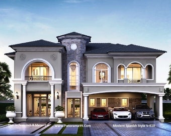 V-910| blue prints Modern luxury villa, Spanish style, blue prints Cutom duplex house plan 5 6 bedroom