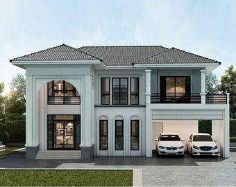 V-377| Two Floor houseplans, Blueprint modern tiny home: Design four bedroom 3 living (Digital PDF)