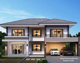 V-439| Blueprint Two story house plan, European modern design, Luxury duplex villa|, 4 bedroom with 5 bathroom,