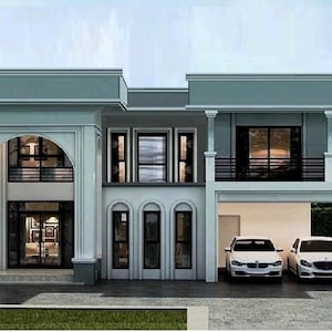 V-345 Ghana| Modern huisplan met twee verdiepingen met betonnen platte bovenkant, blauwdruk huisplan met twee verdiepingen, 4 slaapkamers, 3,5 badkamers, garage voor 2 wagens