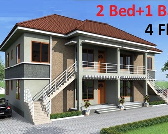 B-748 Rainbow| Duplex Building apartments, with 4 Flat, each 2 Bed + 1 Bath., Two story small building plans Blueprints residential building