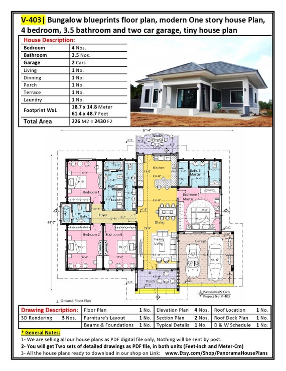 V-403 Bungalow Blueprints Floor Plan, Modern One Story House Plan, 4 Bedroom, 3.5 Bathroom and Two Car Garage, Tiny House Plan - Etsy The V-403 Bungalow Blueprints Floor Plan is a modern one-story house plan featuring 4 bedrooms, 3.5 bathrooms, and a two-car garage. This tiny house plan is perfect for those looking for a compact yet functional living space with all the amenities needed for a comfortable lifestyle. Available on Etsy, these bungalow house plans offer a stylish and practical design for anyone looking to build their dream home.