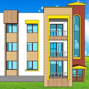 Puede incluir: Un edificio blanco de tres pisos con molduras amarillas y detalles de madera marrón. El edificio tiene varias ventanas y balcones. El edificio está situado contra un cielo azul con nubes blancas.