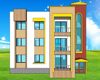 May include: A three-storey white building with yellow trim and brown wooden accents. The building has multiple windows and balconies. The building is set against a blue sky with white clouds.