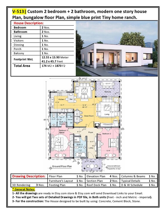 V 513 Modern One Story House Plan Bungalow Floor Plancustom Etsy