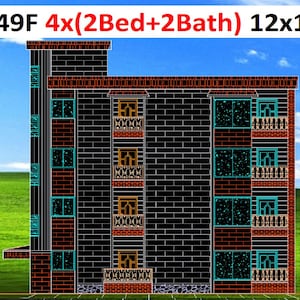 May include: A four-story building design with black brick walls and red brick accents. The structure features multiple windows with teal frames and small balconies. Text at the top reads 40x49F 4x(2Bed+2Bath) 12x15M against a blue sky background.