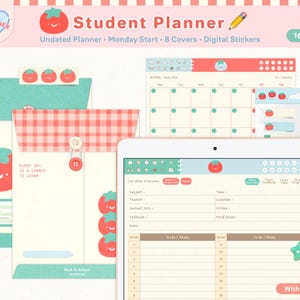 Op de afbeelding: Een studentenplanner met een speels ontwerp, met een tomatenthema. De planner bevat een ongedateerde lay-out, maandag start, 8 covers en digitale stickers. De afbeelding toont een tablet met de interface van de planner, samen met bijpassende briefpapier en enveloppen. De planner heeft 162 pagina's.