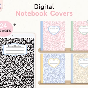 May include: A set of 24 digital notebook covers featuring a composition book design with a heart-shaped cutout. The covers are in various colors, including pink, blue, and yellow.