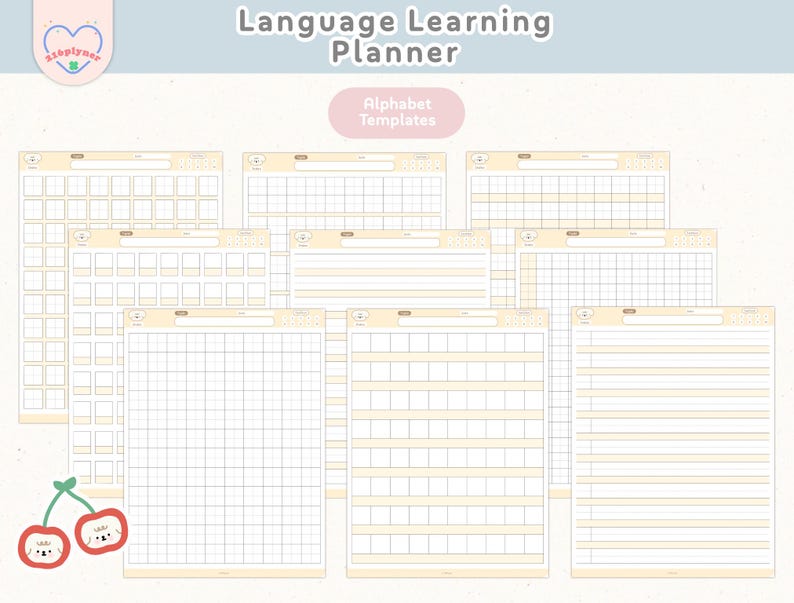 May include: A set of printable language learning planner templates featuring various grid and lined layouts. The templates are designed with a light yellow background and a simple, minimalist aesthetic. The text "Alphabet Templates" is included in the image.