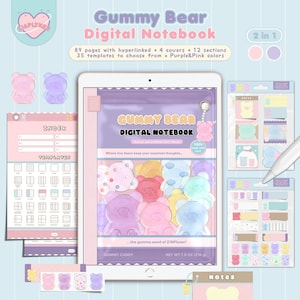 May include: A digital notebook with a gummy bear theme, displayed on a tablet. The notebook features 89 pages, 4 covers, 12 sections, and 35 templates in purple and pink. The image includes index and template pages, along with sticky notes.