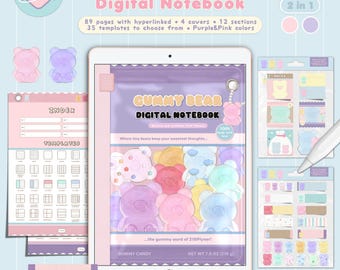 Gummy Bear Digital Notebook | 12 Sections hyperlink digital notebook, Aesthetic iPad notes templates for note-taking Goodnotes, Notability