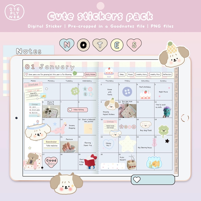 Kawaii Digital Stickers Pack | 148 Cute Planner Stickers, Dog Stickers ...