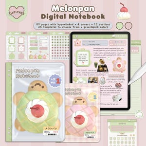 Melonpan Digital Notebook | Hyperlink digital notebook, PNG stickers, Kawaii Notes templates for note-taking Goodnotes, Notability