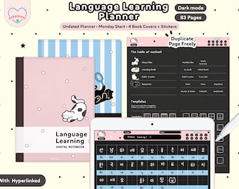 Dark Mode Language Learning Digital Notebook: Vocabulary, Grammar, Study Planner (PDF File + Stickers)