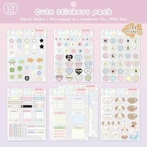 May include: A collection of cute digital stickers in various designs, including stars, hearts, numbers, letters, and dog illustrations. The stickers are pre-cropped for use in Goodnotes and come as PNG files. The pack includes 148 stickers.