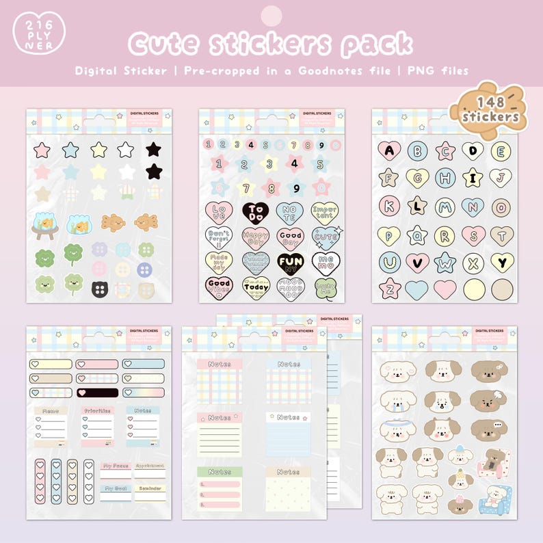 Kawaii Digital Stickers Pack | 148 Cute Planner Stickers, Dog Stickers ...
