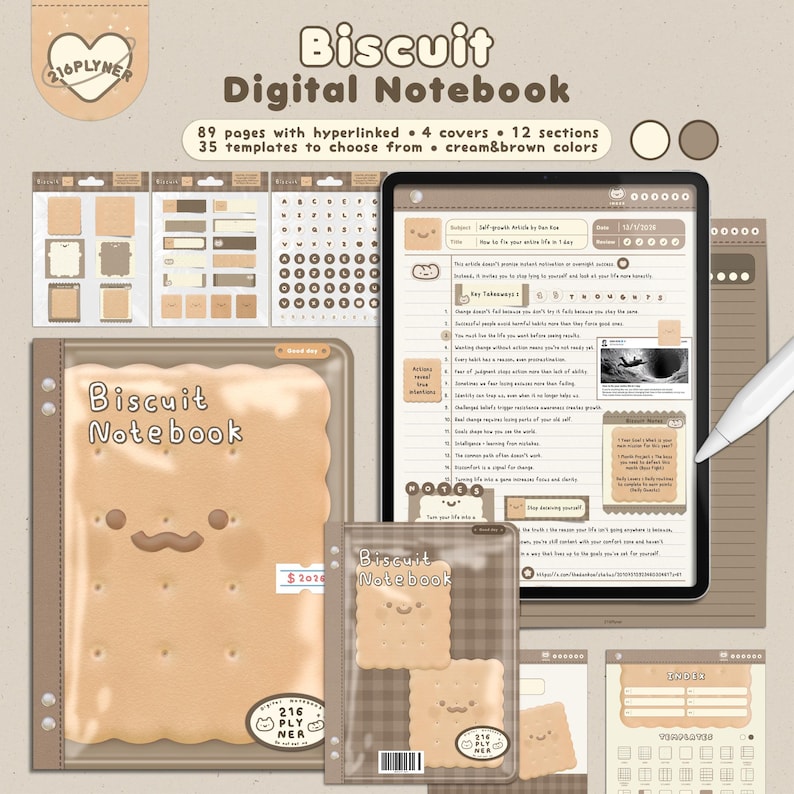 Biscuit Digital Notebook, Digital notebooks, cute digital notebook, study planner, student planner, digital planner, goodnotes notebook, hyperlinked notebook, Undated planner, Cute Planner, Kawaii Notebook, aesthetic digital notebook, digital journal, ipad planner, digital notebook for students, undated digital planner, Language Learning, Word book, Templates, Goodnotes Templates, Goodnotes Notebook, Notability Planner, Pre-cropped Sticker, Digital stickers, Goodnotes Stickers, PNG Stickers