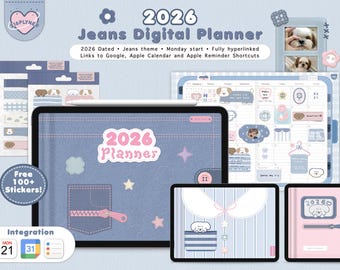 2026年ジーンズデジタルプランナー、GoodNotes用、ランドスケーププランナー、月曜始まり、月曜・週・日次プランニング、統合、ステッカー、ノートブック