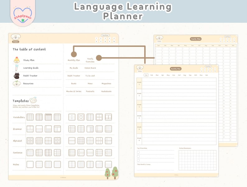 May include: A printable language learning planner with a light yellow background and brown accents. The planner includes sections for a study plan, learning goals, a habit tracker, resources, and templates. The planner also includes a monthly and weekly calendar.