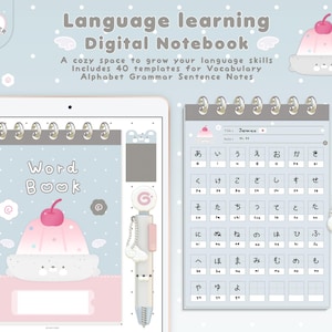 May include: A digital language learning notebook featuring a light blue cover with white polka dots, a pink pudding illustration with a cherry, and the text Word Book. Includes a Japanese alphabet template page and a matching pen with a decorative charm.