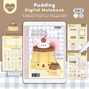 Puede incluir: Un cuaderno digital con temática de pudín. La tableta muestra la portada, el índice y las plantillas del cuaderno. El diseño incluye personajes de pudín, una cereza y el texto "Pudding Digital Notebook". También son visibles pegatinas adicionales y un lápiz óptico.