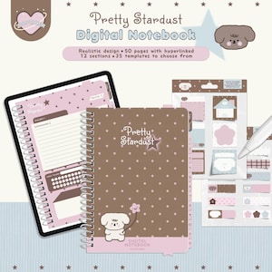 Stardust Digital Notebook | 12 Sections hyperlink digital notebook, Kawaii iPad notes templates for study, note-taking Goodnotes, Notability