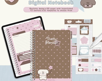 Stardust Digital Notebook | 12 Sections hyperlink digital notebook, Kawaii iPad notes templates for study, note-taking Goodnotes, Notability