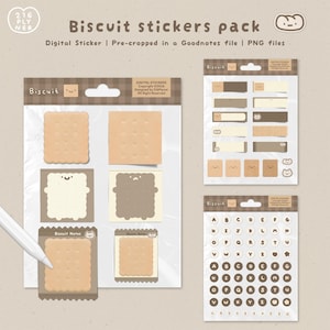 May include: A pack of digital biscuit stickers with a variety of designs, including biscuit-shaped notes, labels, and letter stickers. The stickers are pre-cropped for use in Goodnotes files and are available as PNG files. The color palette includes shades of brown and beige.
