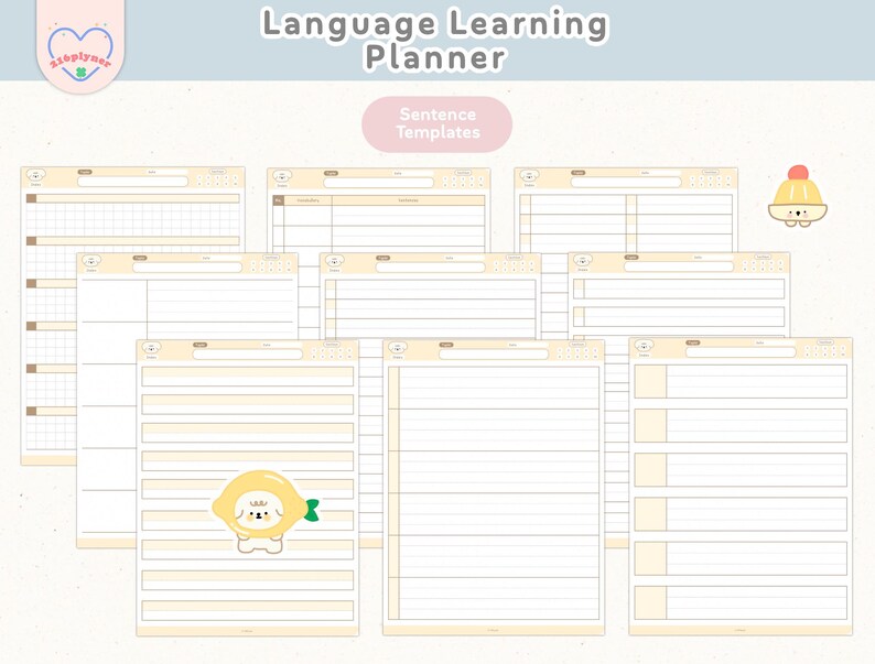 May include: A printable language learning planner with a yellow and white color scheme. The planner includes pages for sentence templates, vocabulary lists, and other language learning tasks. The planner features cute cartoon illustrations of a dog and a pudding.