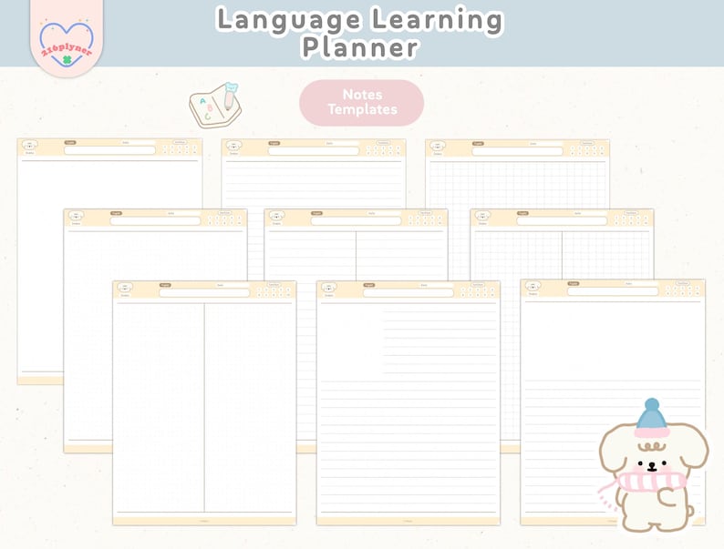 May include: Language Learning Planner with notes templates. The planner features a variety of blank pages with different layouts, including lined, grid, and blank pages. The planner also includes a cute cartoon dog wearing a winter hat.