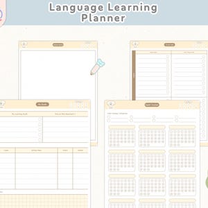 May include: A printable language learning planner with sections for goal setting, daily tracking, and a calendar. The planner features a cute cartoon bear illustration and a light yellow background.