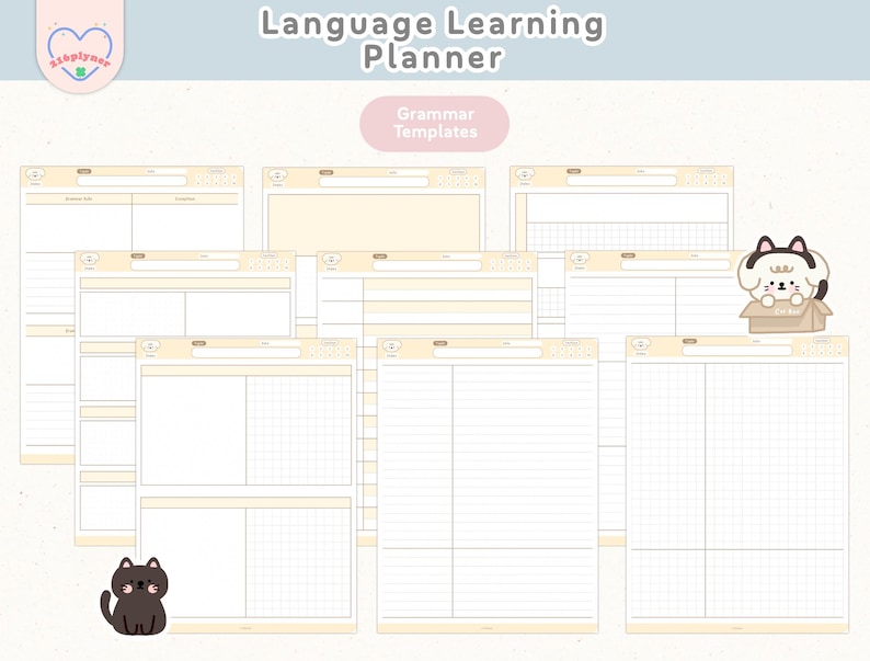 May include: A set of printable language learning planner templates featuring a variety of grid and lined paper styles. The templates are designed for grammar practice and include a cute cartoon dog and cat illustration.