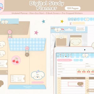 May include: A digital study planner set featuring 159 pages, undated layouts, five book covers, and pre-cropped stickers. The design includes beige envelopes with blue gingham flaps, cherry illustrations, and a white dog character with a pencil.