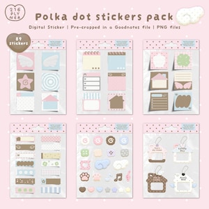 May include: A pack of polka dot stickers with various designs, including stars, houses, wings, and musical notes. The stickers come in pastel colors like pink, blue, and brown. The text on the packaging reads "Polka dot stickers pack" and "89 stickers".
