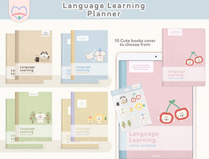 May include: A digital planner with 10 different covers to choose from. The covers feature cute illustrations of dogs and cherries. The planner is titled "Language Learning Digital Notebook".