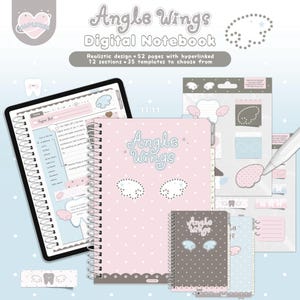 May include: A digital notebook set titled Angle Wings, featuring a pink spiral-bound planner with white polka dots and wing graphics, a tablet displaying internal pages, and a sheet of matching digital stickers with tooth and wing icons.