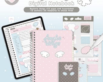 Angel Wings Digital Notebook | 12 Sections hyperlinked digital notebook, iPad notes templates for study, note-taking, Sticker PNG