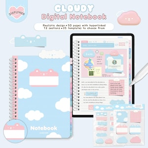 以下が含まれることがあります： 雲をテーマにしたデジタルノート。表紙は水色で、白い雲とピンクのアクセントが付いています。ノートには50ページ、12セクション、35のテンプレートが含まれています。表紙のテキストは「Notebook」と「CLOUDY Digital Notebook」です。