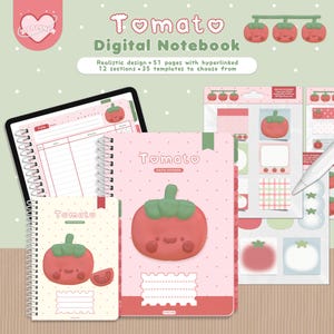 May include: A digital notebook set with a tomato theme. The set includes a digital notebook on a tablet, two physical notebooks, and sticker sheets. The notebooks and stickers feature a cute tomato illustration. The text on the image reads "Tomato Digital Notebook".