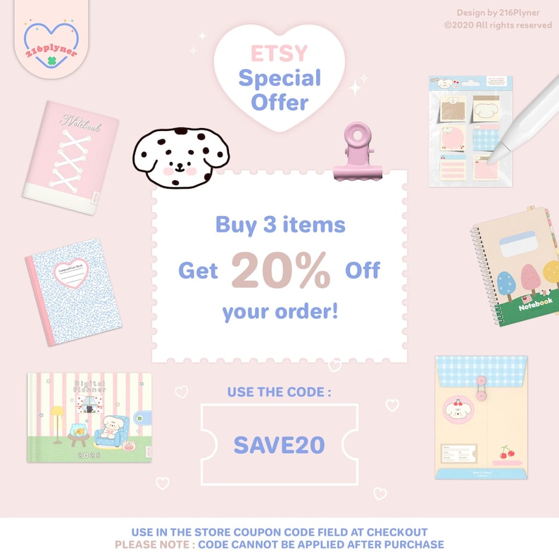 May include: A pink and white graphic with a heart-shaped frame. The text "ETSY Special Offer" is in a pink heart. The text "Buy 3 items Get 20% Off your order!" is in a pink and white box. The text "USE THE CODE: SAVE20" is in a pink and white box. The text "USE IN THE STORE COUPON CODE FIELD AT CHECKOUT PLEASE NOTE: CODE CANNOT BE APPLIED AFTER PURCHASE" is at the bottom of the graphic.