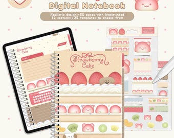 Strawberry Cake Digital Notebook | 12 Sections hyperlinked digital notebook, iPad notes templates for study, note-taking
