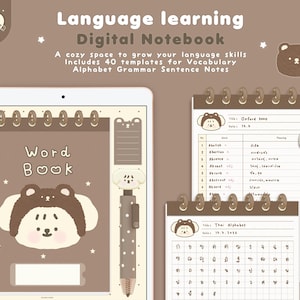 May include: A digital notebook for language learning displayed on a tablet screen and two paper pages, featuring brown and cream color schemes, bear-themed illustrations, star patterns, and a stylus with a dog-shaped topper on a brown background.