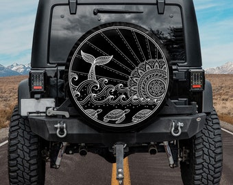 Whale Diving Into Sea Against The Sunset, Ocean Landscape With Waves, Mandala In Form Of Sun, Fish Tail Spare Tire Cover, Gift for Car Lover